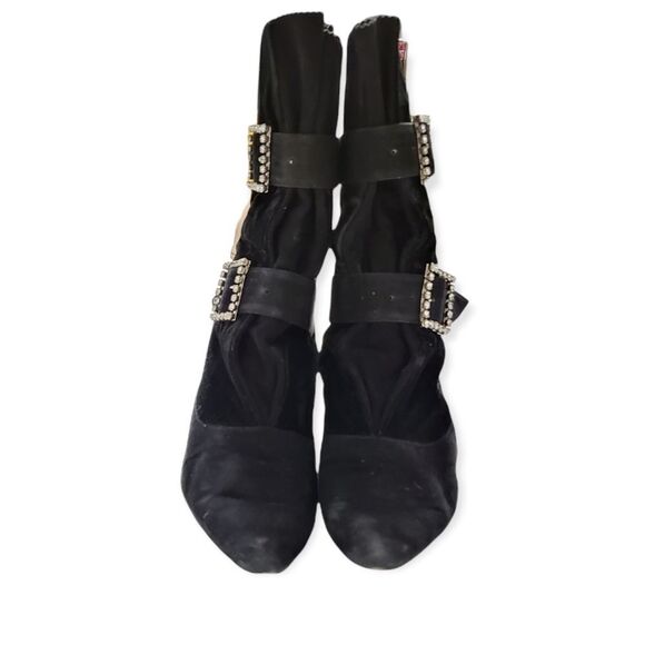 MANOLO BLAHNIK Early 80s Vintage Suede/Velvet Rhinestone Buckle Boots 39.5 - Picture 2 of 9